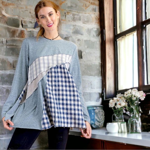 Plaid and Striped Mixed Print Tunic - Picture 1 of 6